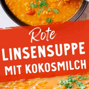 Eine cremige rote Linsensuppe mit Kokosmilch in einer schwarzen Schüssel, garniert mit frischer Petersilie. Ein Löffel taucht in die Suppe ein.