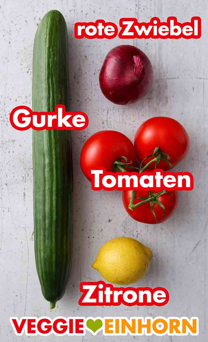 Gurke, Zwiebel, Tomaten und Zitrone Salatgurke, rote Zwiebel, Tomaten, Zitrone