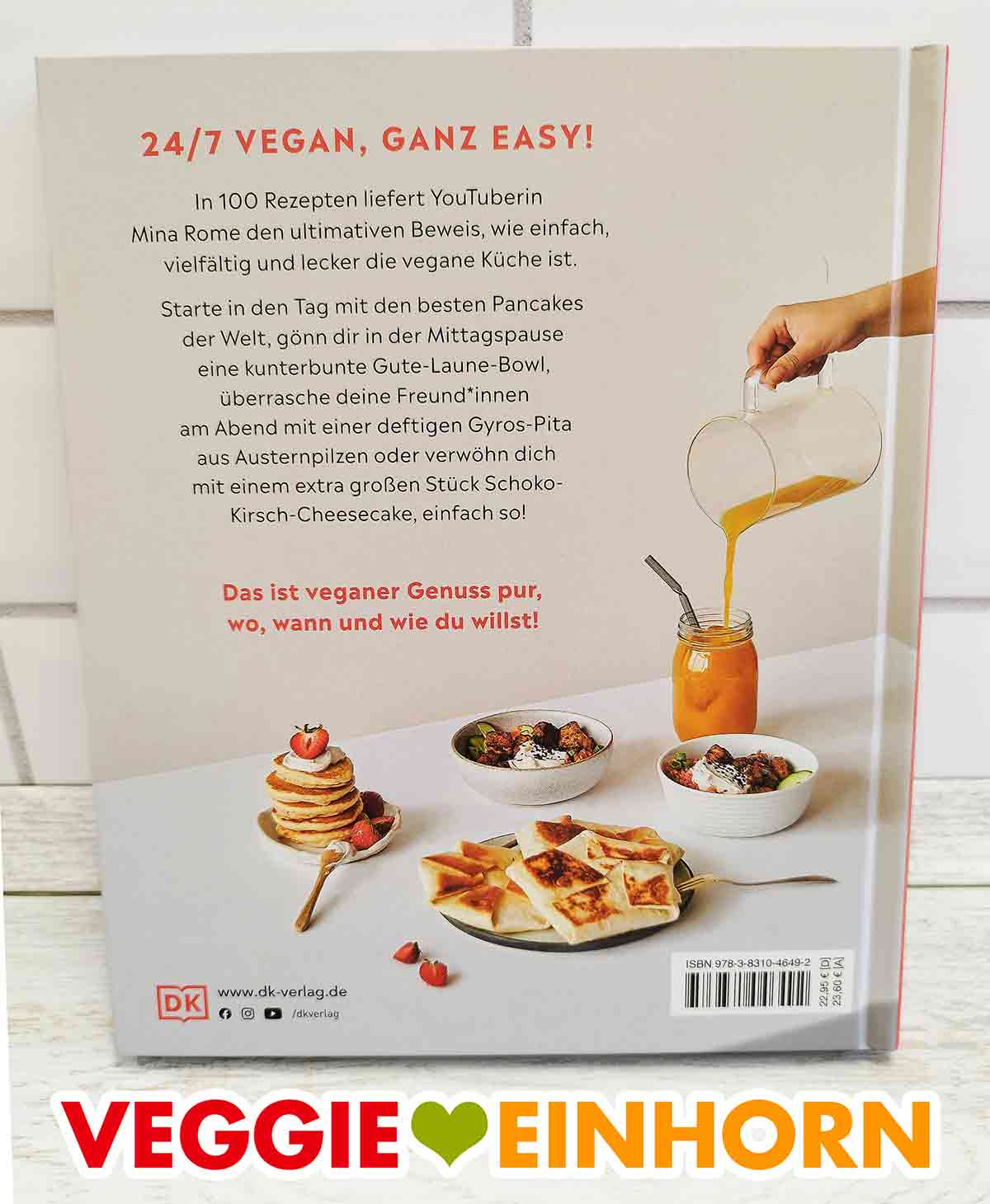 So sieht das Buch All Day Vegan von Mina Rome von hinten aus. Rückseite des veganen Kochbuches All Day Vegan von Mina Rome