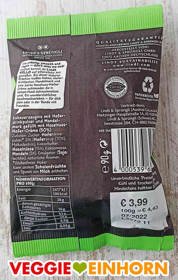 Die Rückseite der Tüte Rückseite der Packung Lindt HELLO Gefüllte vegane Nougat Eier
