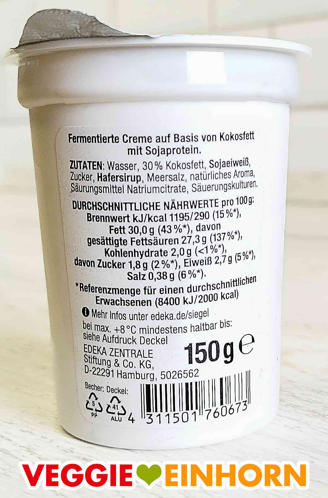 Der Becher enthält 150 g vegane Crème fraîche. Rückseite des Bechers Edeka My Veggie Vegane Creme