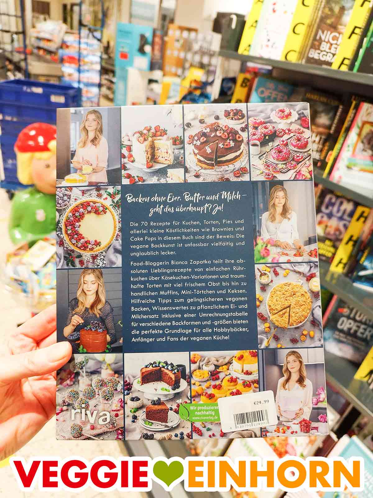 So sieht die Rückseite des Buches Vegan Cakeporn aus. Rückseite veganen Backbuches Vegan Cakeporn von Bianca Zapatka