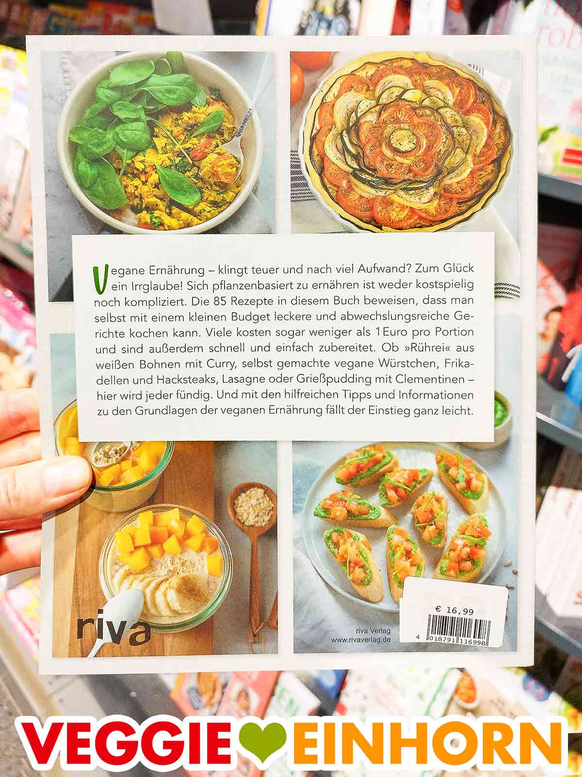 So sieht das Back Cover des veganen Kochbuches Vegan und Günstig aus. Rückseite des Buches Vegan und günstig von Marie Laforêt