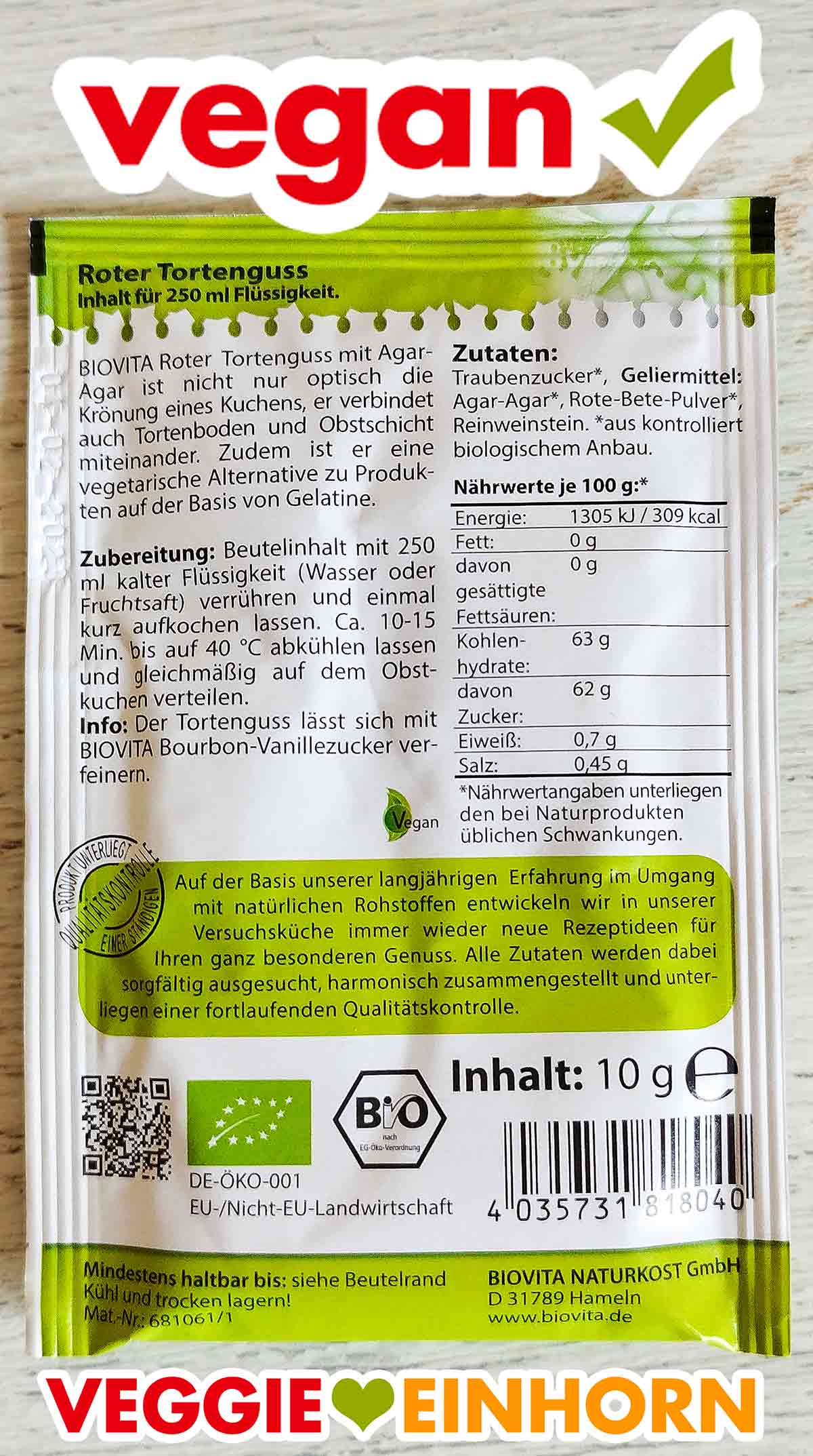 Der rote Tortenguss von Biovita ist mit Agar-Agar und Rote-Bete-Pulver. Rückseite der Packung Biovita Veganer roter Tortenguss mit Agar-Agar
