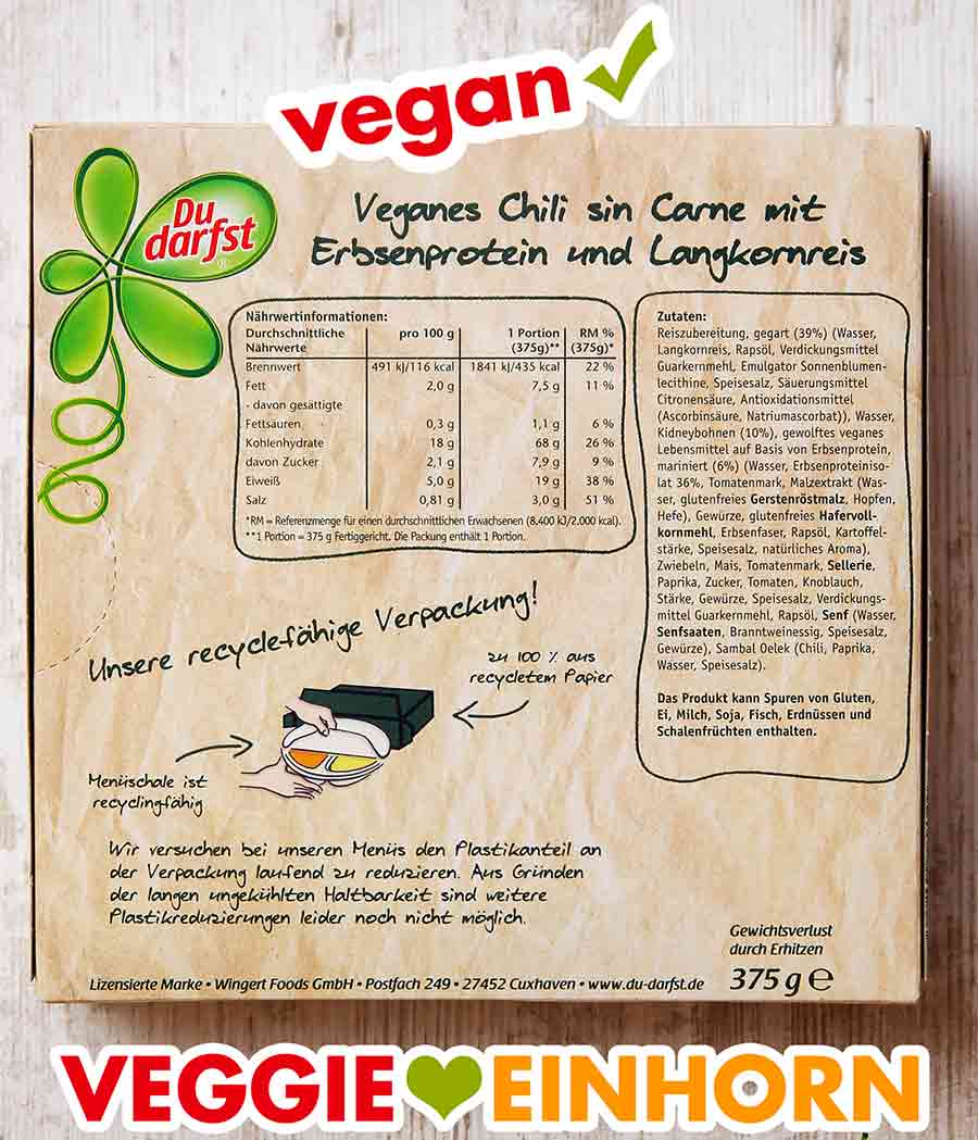 So sieht die Rückseite der Packung aus. Rückseite der Verpackung des veganen Chili sin Carne von Du Darfst
