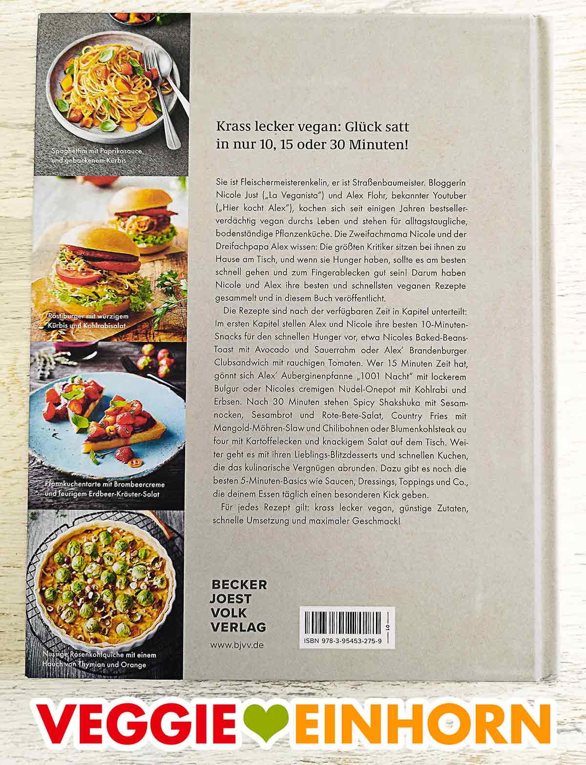 So sieht das Backcover des Buches Krass Lecker Vegan von Nicole Just und Alexander Flohr aus. Rückseite des Kochbuches Krass Lecker Vegan
