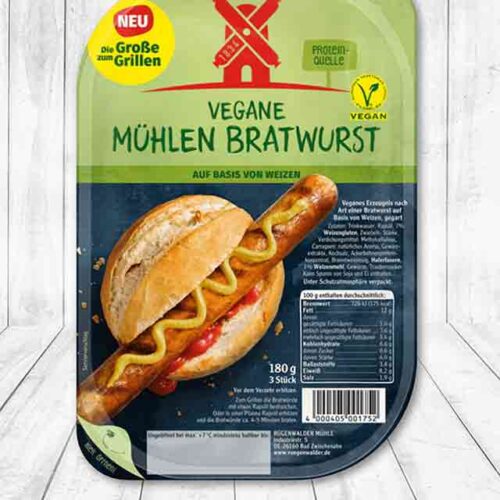 Eine Packung vegane Mühlen Bratwurst