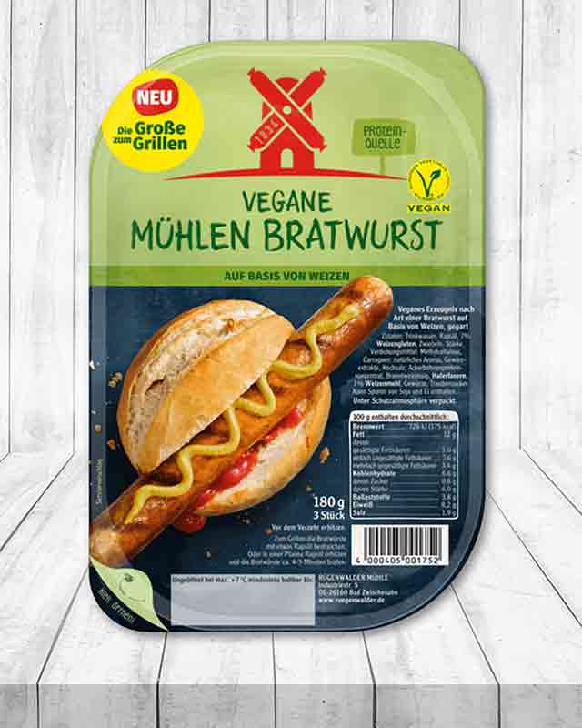 Eine Packung vegane Mühlen Bratwurst