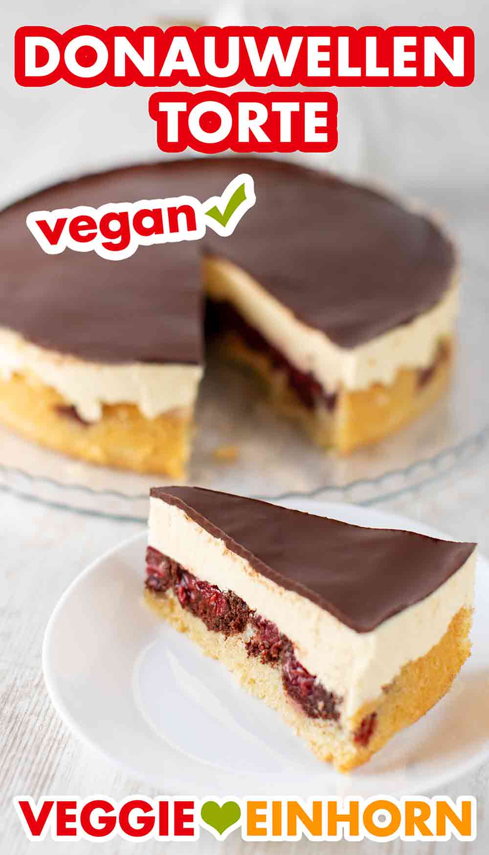 Die Donauwellen Torte aus der runden Backform ist vegan. Vegane runde Donauwellentorte