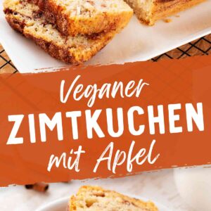 Pinterest-Grafik für saftigen veganen Zimtkuchen mit Apfel. Oben ist der Kuchen aufgeschnitten auf einer weißen Platte zu sehen, unten zwei Scheiben auf einem kleinen weißen Teller. In der Mitte steht in weißer Schrift auf orangefarbenem Hintergrund: 'Veganer Zimtkuchen mit Apfel.' Im Hintergrund liegen frische Äpfel und Zimtstangen.“
