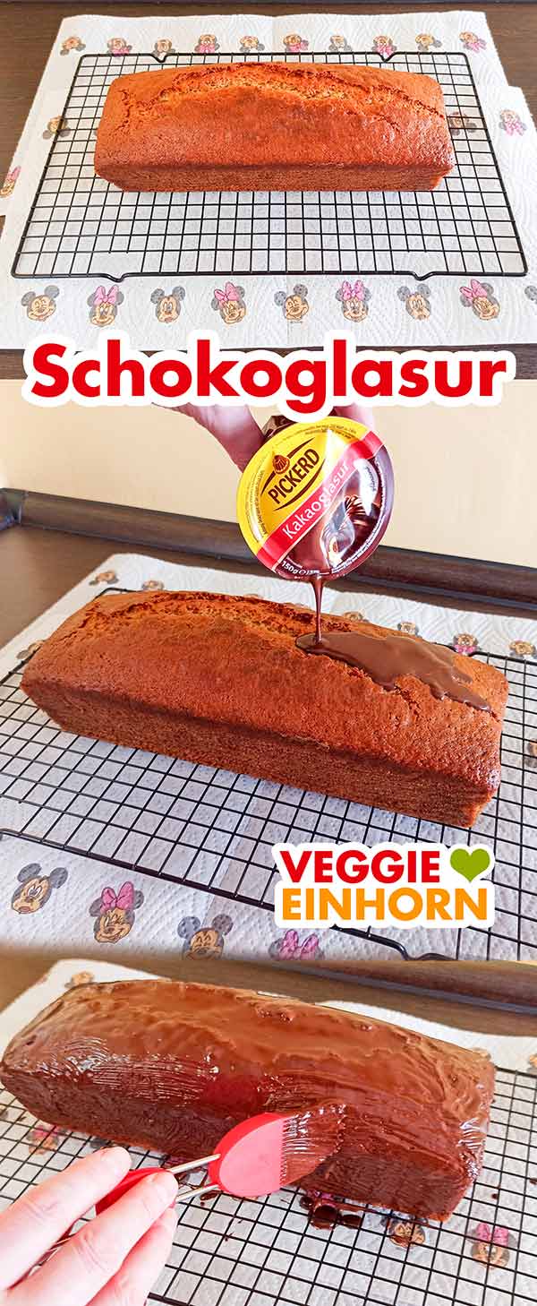 Der Kuchen wird mit veganer Schokoglasur glasiert. Der vegane Marzipankuchen wird mit Kakaoglasur überzogen