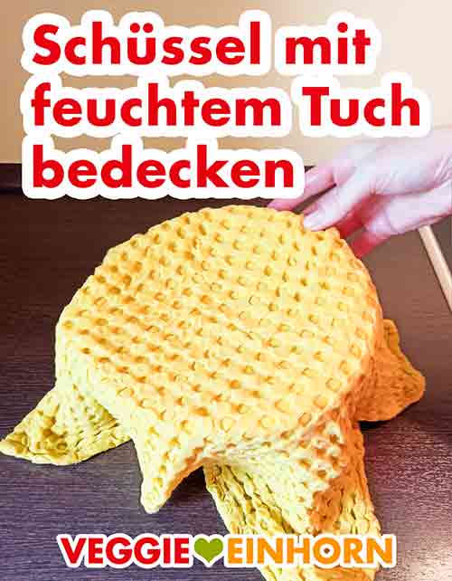 Jetzt den Teig gehen lassen. Dazu die Schüssel mit einem feuchten Baumwolltuch oder mit Frischhaltefolie bedecken. Die Schüsel mit dem Hefeteig wird mit einem feuchten Tuch bedeckt.