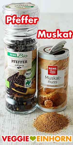 Pfeffermühle von Rewe Bio, gemahlene Muskatnuss von Rewe Beste Wahl Schwarzer Pfeffer, Muskat