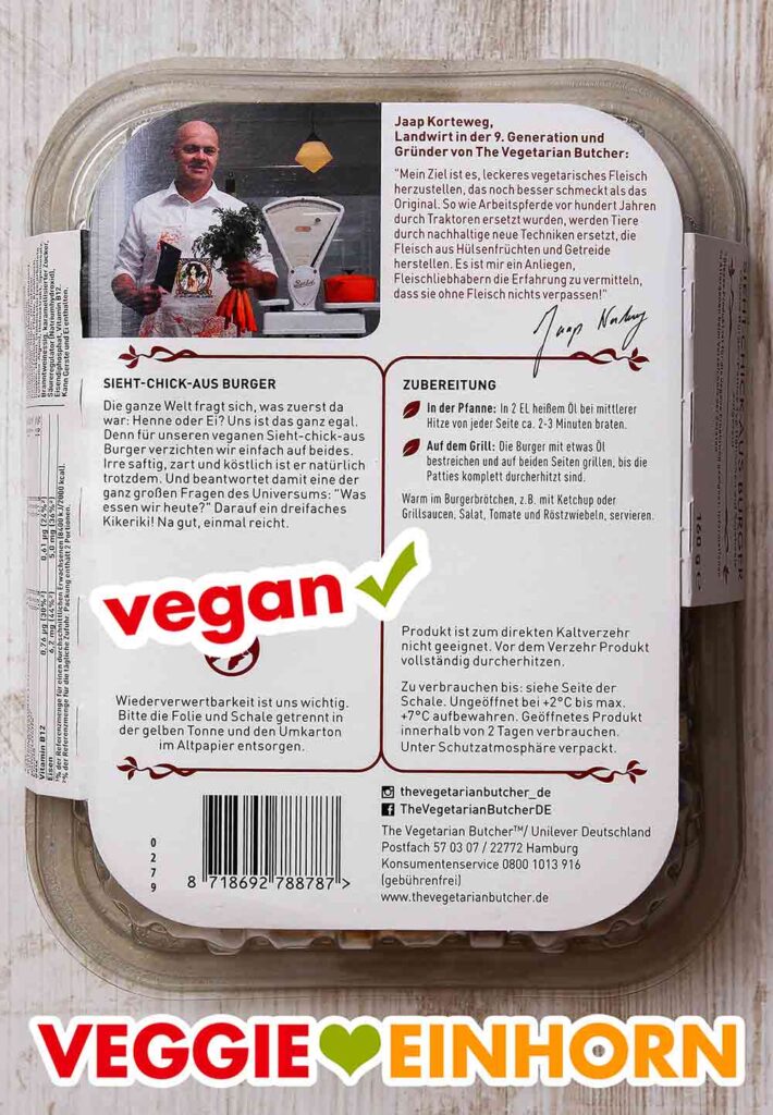 So sieht die Packung der Sieht-Chick-Aus Burger von hinten aus. Rückseite der Verpackung der veganen Chicken Burger von The Vegetarian Butcher