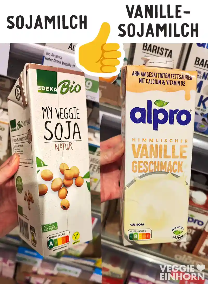 Packungen von EDEKA Bio Sojamilch Natur und Alpro Vanille-Sojamilch. Text oben: Sojamilch, Vanille-Sojamilch, mit einem Daumen nach oben.