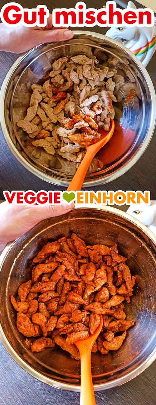Die Sojaschnetzel mit der Dönermarinade vermischen. Sojaschnetzel mit Döner Marinade mischen
