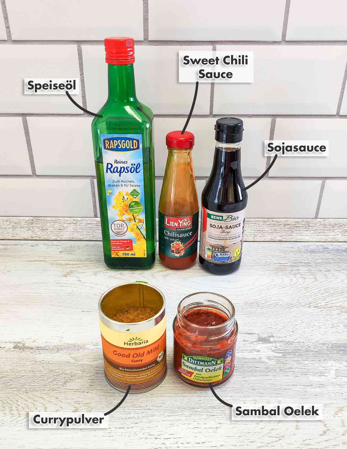 Rapsgold Reines Rapsöl, Lien Ying Chilisauce süß-scharf, Herbaria Good Old Mild Curry, Dittmann Sambal Oelek Speiseöl, Sweet Chili Sauce, Sojasauce, Currypulver, Sambal Oelek