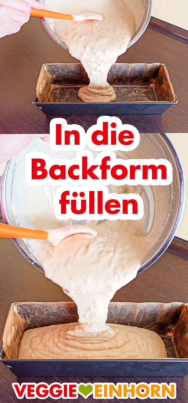 Der Rührteig mit Marzipan wird in die gefettete Backform mit Backpapier gefüllt. Rührteig in die Kastenform füllen
