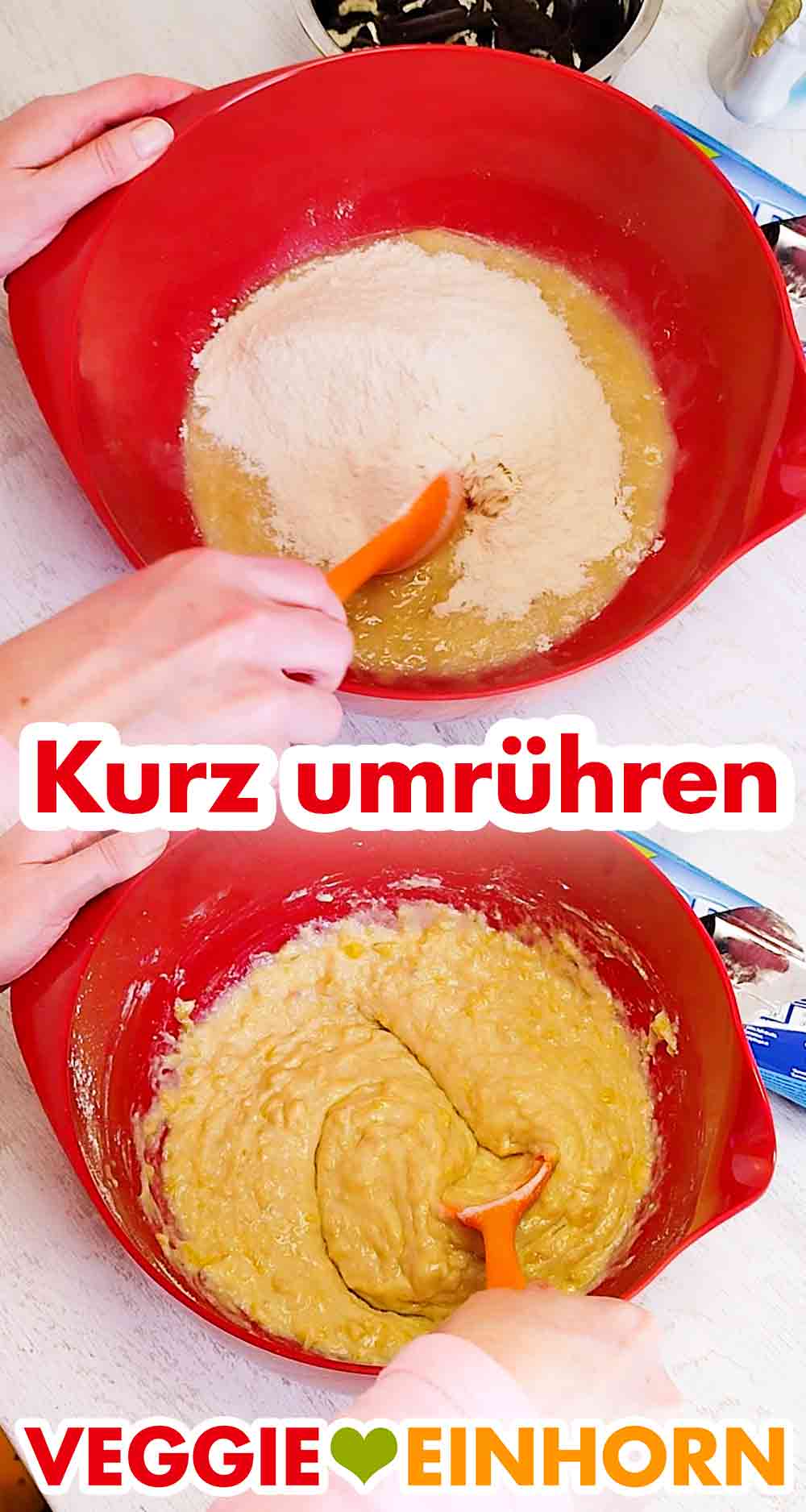 Nicht länger rühren als nötig. Teig für das veganen Oreo-Bananenbrot kurz umrühren