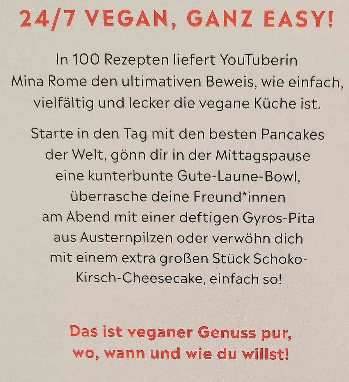 Text auf dem Kochbuch All Day Vegan von Mina Rome Klappentext All Day Vegan Mina Rome