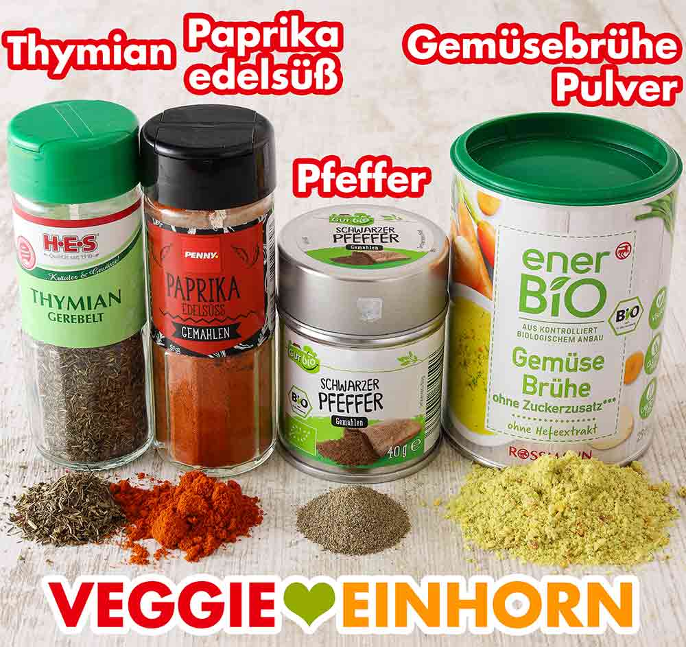 Thymian von HES, Paprika edelsüß von Penny, schwarzer Pfeffer von GUT BIO von Aldi Nord, Gemüsebrühe von Rossmann enerBIO Gerebelter Thymian, Paprika edelsüß, schwarzer Pfeffer, Gemüsebrühe Pulver