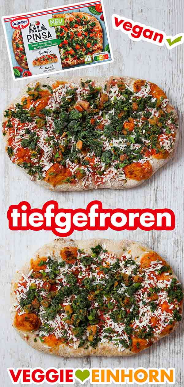 Die tiefgefrorene Pizza La Mia Pinsa ist belegt mit Tomaten, Spinat und veganem Käse. Tiefgekühlte vegane Pizza La Mia Pinsa von Dr. Oetker