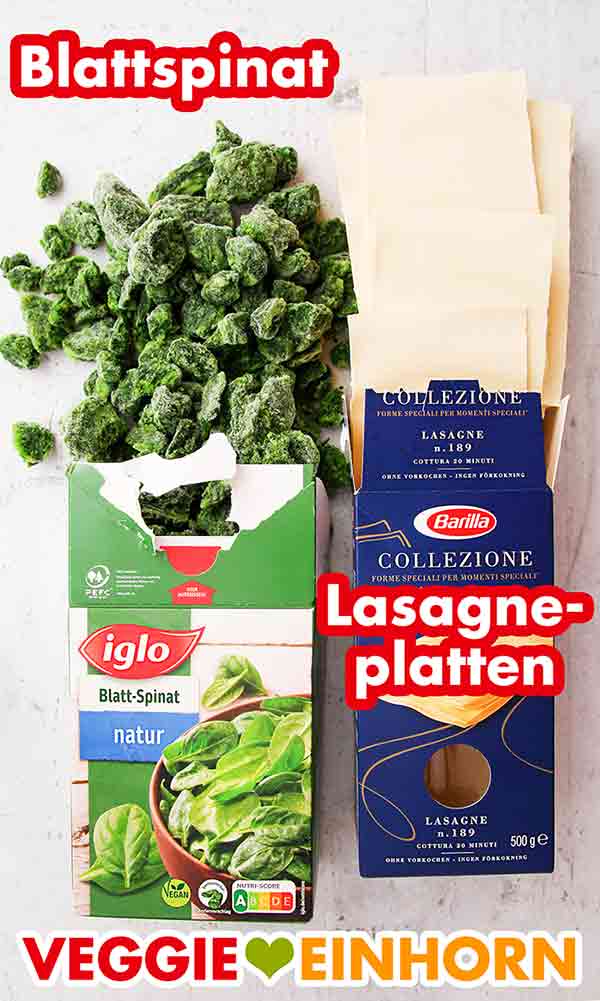 Iglo Blattspinat und Barilla Lasagneplatten Eine Packung tiefgefrorener Spinat und eine Packung Lasagneplatten