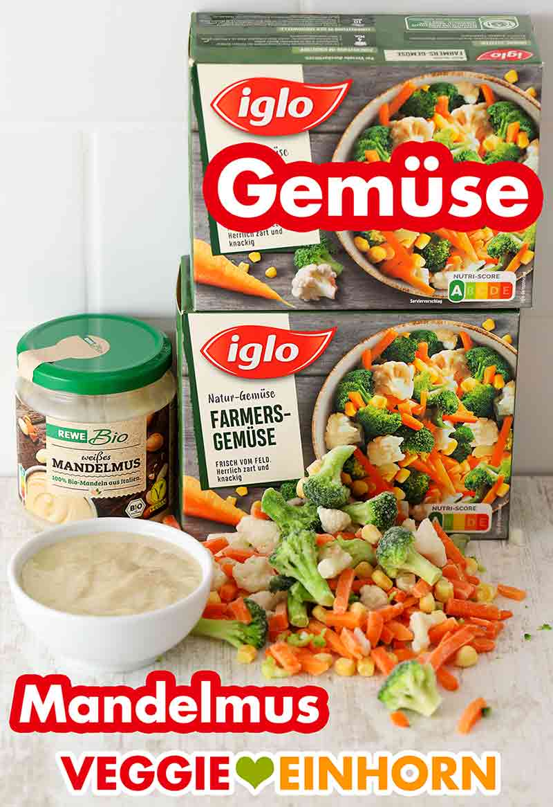Rewe Bio Weißes Mandelmus und Iglo Farmers Gemüse Ein Glas Mandelmus und zwei Packungen tiefgekühlter Gemüsemix