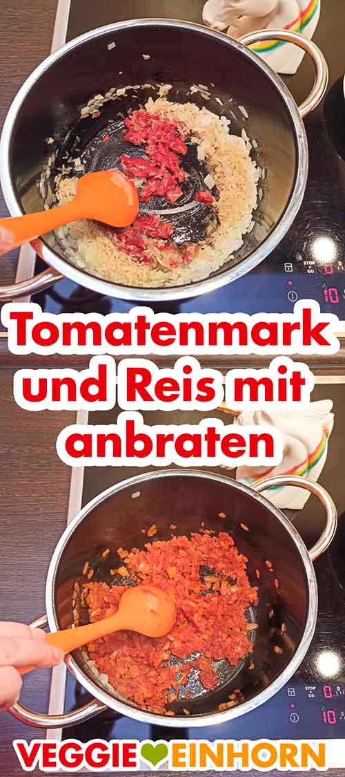 Tomatenmark und Reis unter Rühren mit anbraten Tomatenmark und Reis im Topf