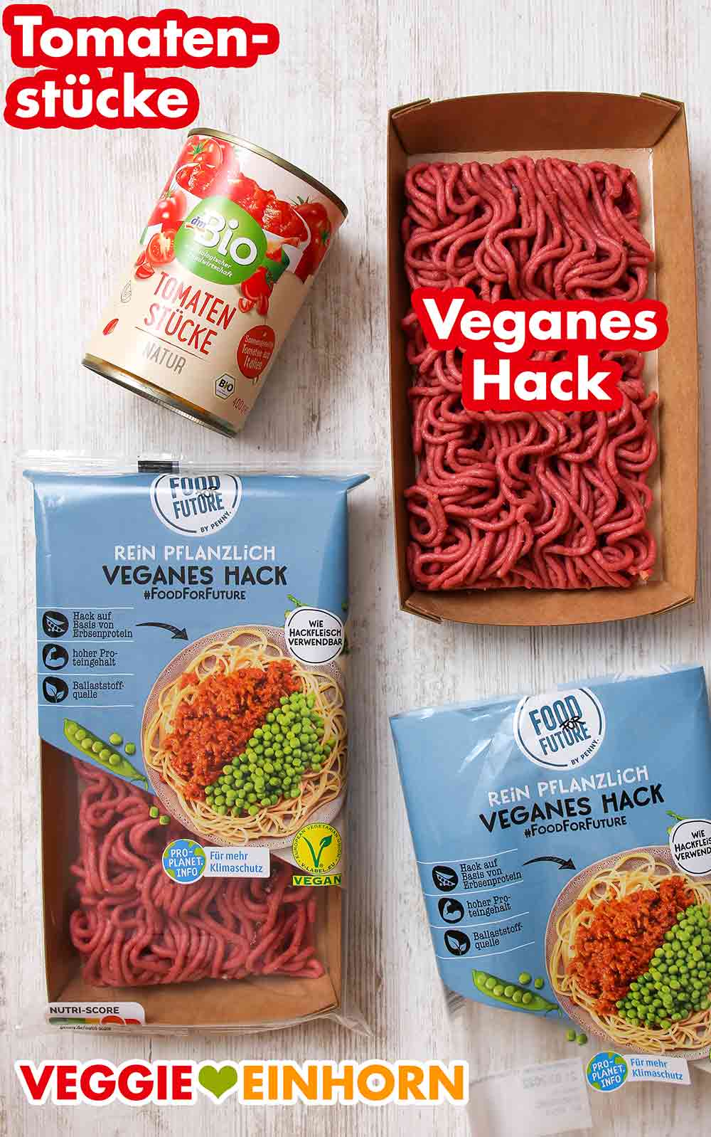 dm Bio Tomatenstücke, veganes Hack von Penny Eine Dose Tomatenstücke und zwei Packungen veganes Hackfleisch