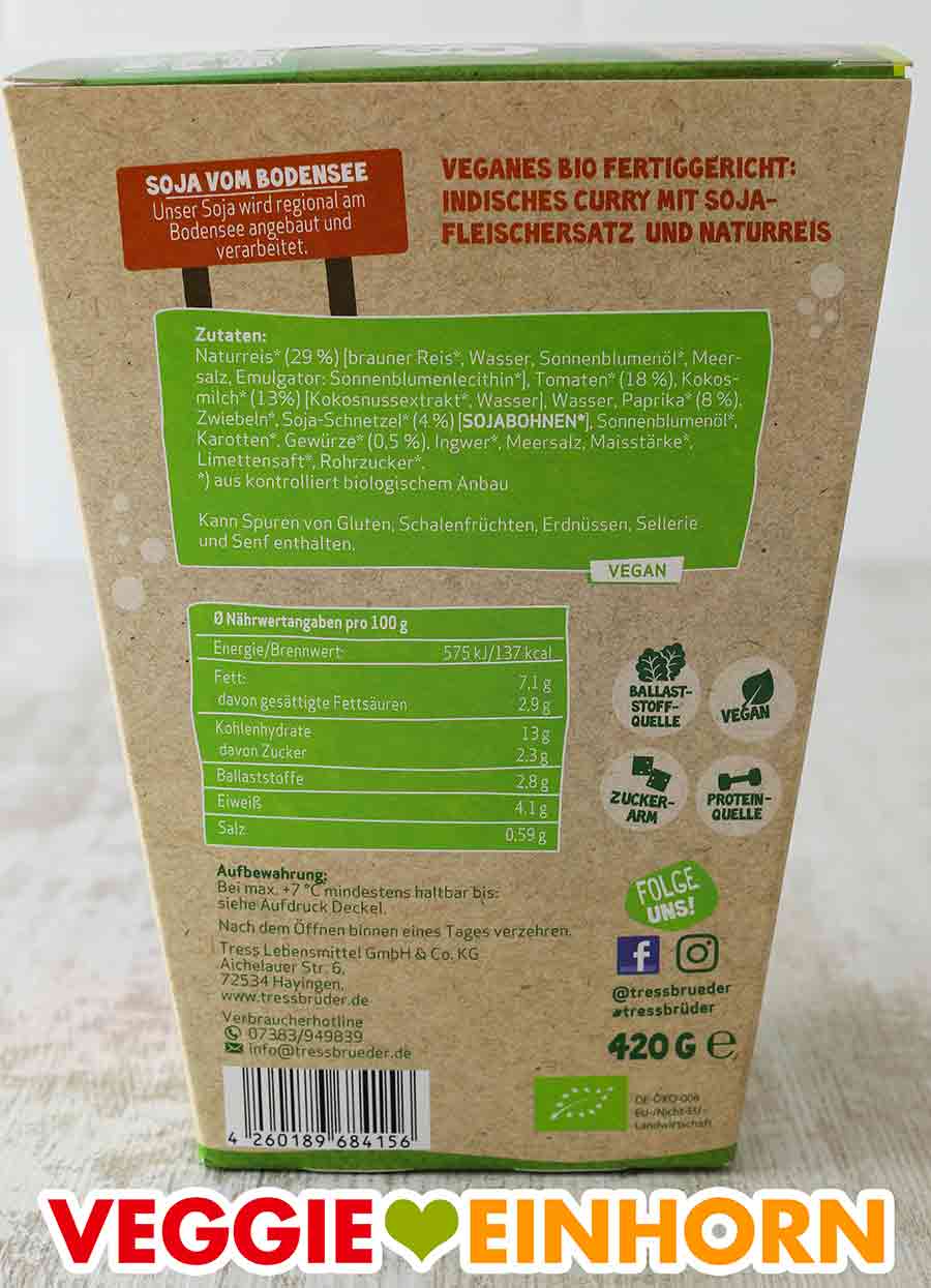 So sieht die Rückseite der Packung aus. Rückseite der Packung TressBrüder Tikka Masala