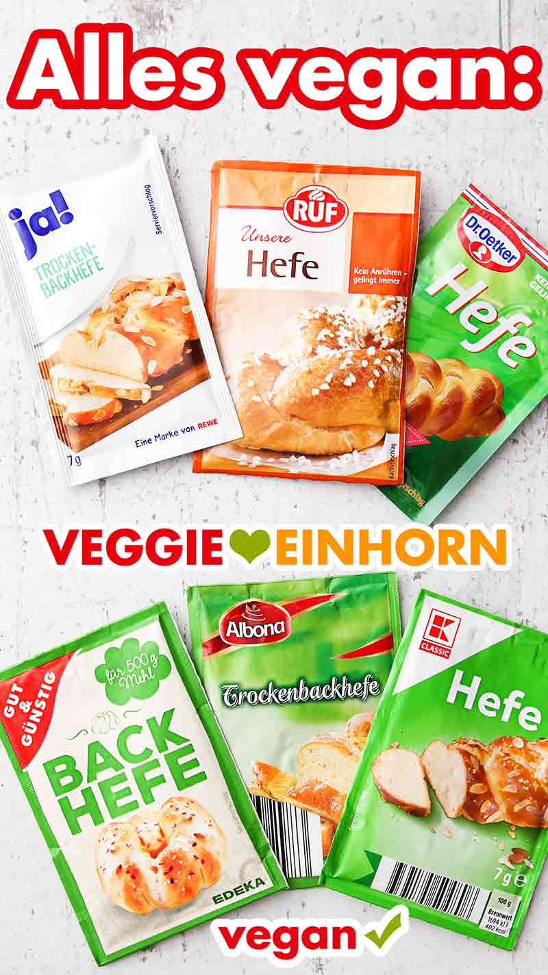 Trockenhefe ist vegan. Vegane Trockenhefe Päckchen von verschiedenen Marken.