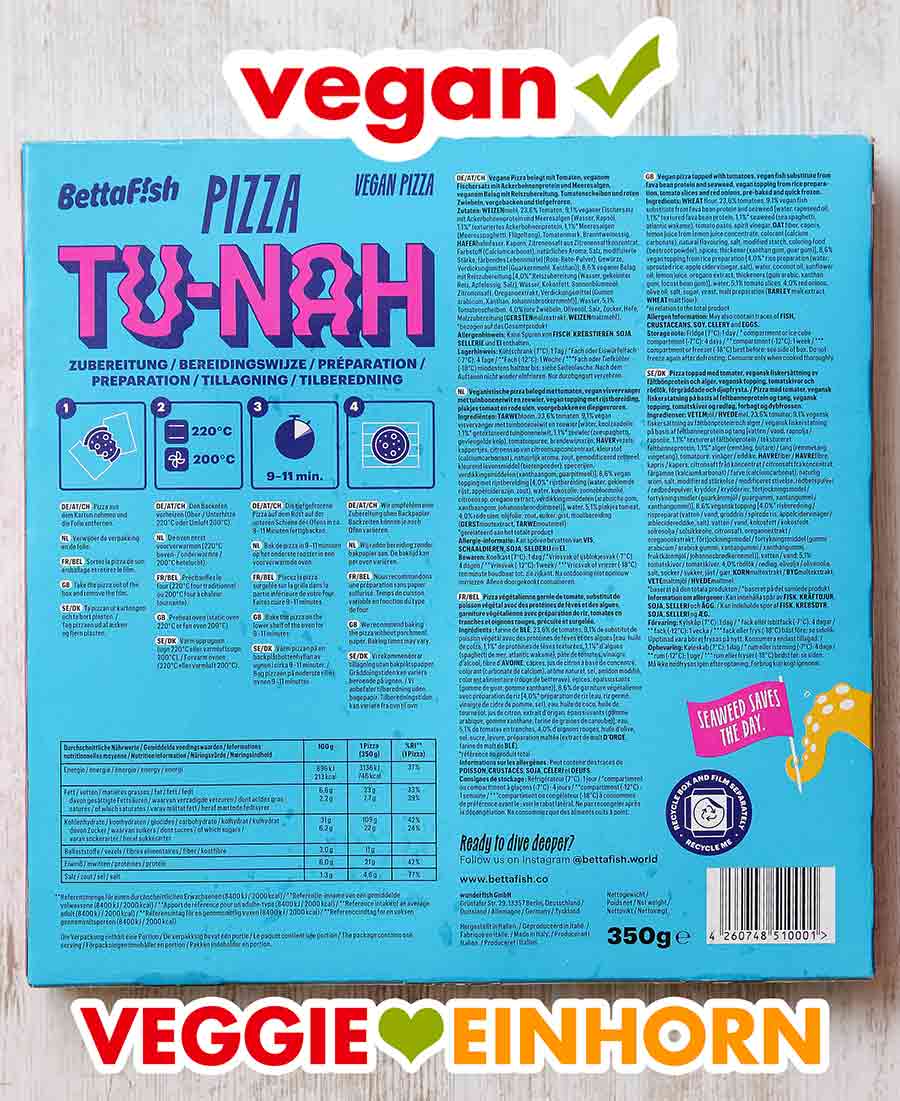 So sieht die Rückseite der Packung der Pizza Tu Nah aus. Rückseite der Packung der veganen Thunfisch Tiefkühlpizza von BettaFish