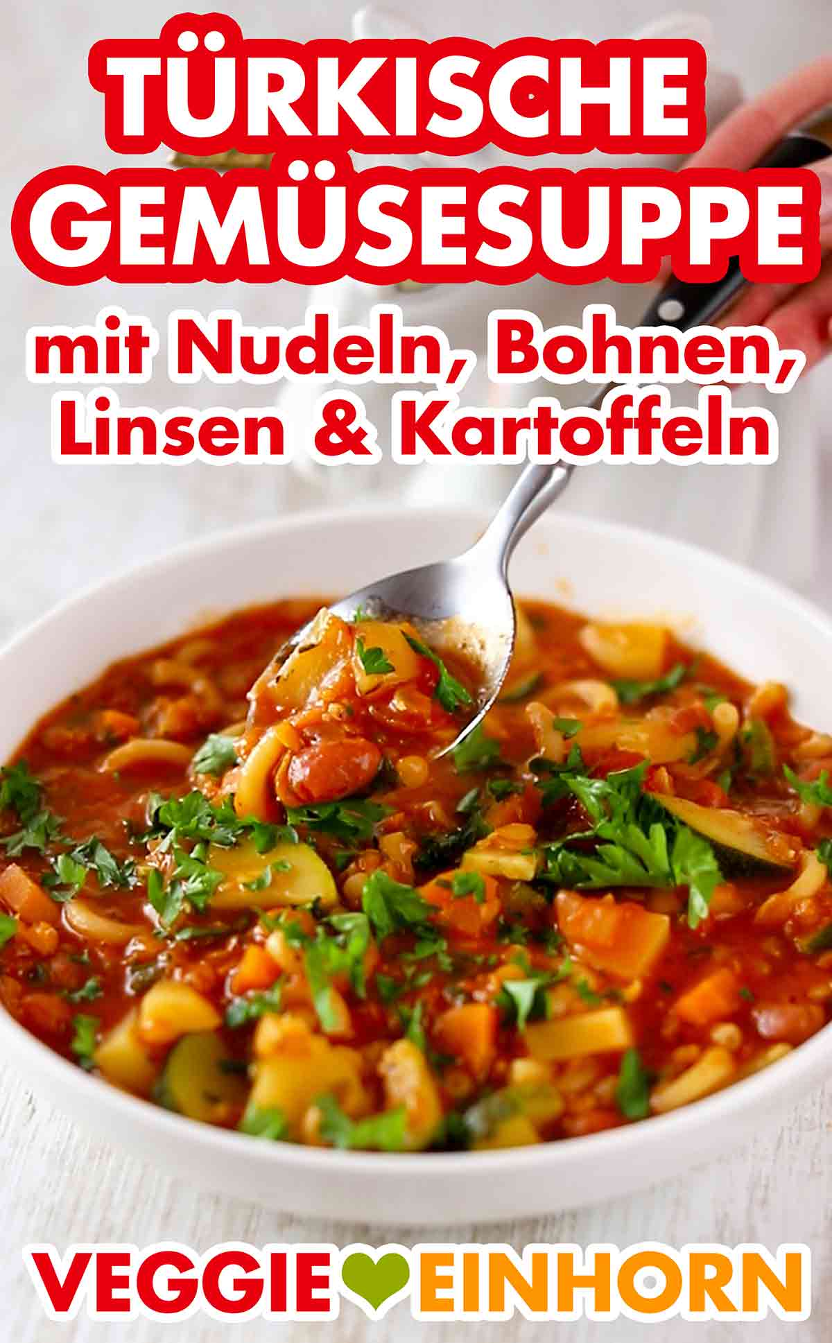 Die türkische Gemüsesuppe mit Nudeln, Bohnen, roten Linsen und Kartoffeln ist vegan. Esslöffel in einem Teller mit türkischem Gemüseeintopf