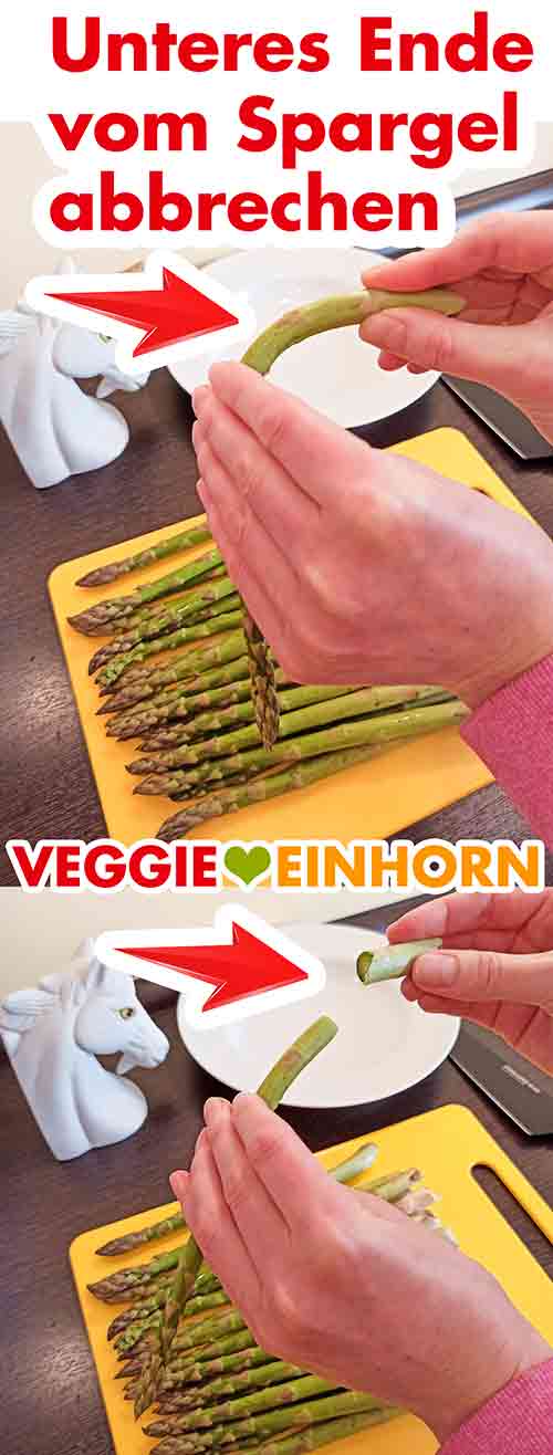 Den holzigen Teil des Spargels abbrechen oder abschneiden. Das untere, holzige Ende vom grünen Spargel abbrechen.