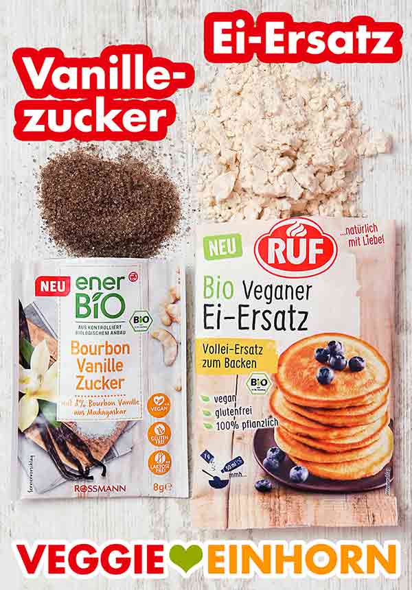 enerBIO Bourbon Vanille Zucker von Rossmann, RUF Bio Veganer Ei-Ersatz Vanillezucker und veganes Ei-Ersatz Pulver