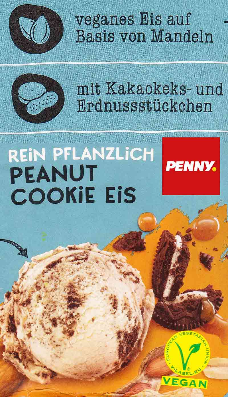Auf dem veganen Peanut Cookie Eis von Food For Future ist ein Vegan Zeichen. Vegan Logo auf dem veganen Peanut Cookie Eis von Penny