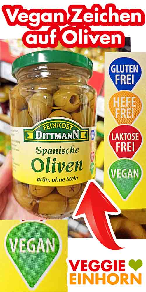 Grüne Oliven von Dittmann mit Vegan Zeichen Ein Glas Oliven mit Vegan Symbol