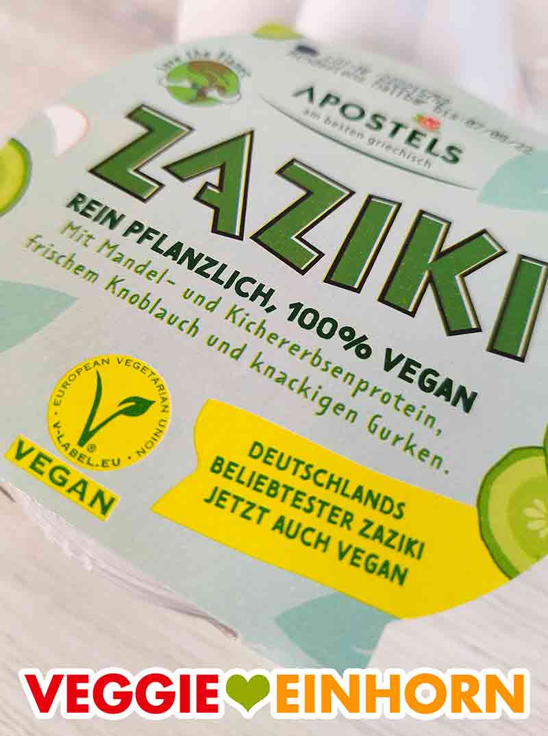 Auf der Packung des veganen Zazikis von Apostels ist ein Vegan Zeichen. Vegan Logo auf dem veganen Zaziki von Apostels