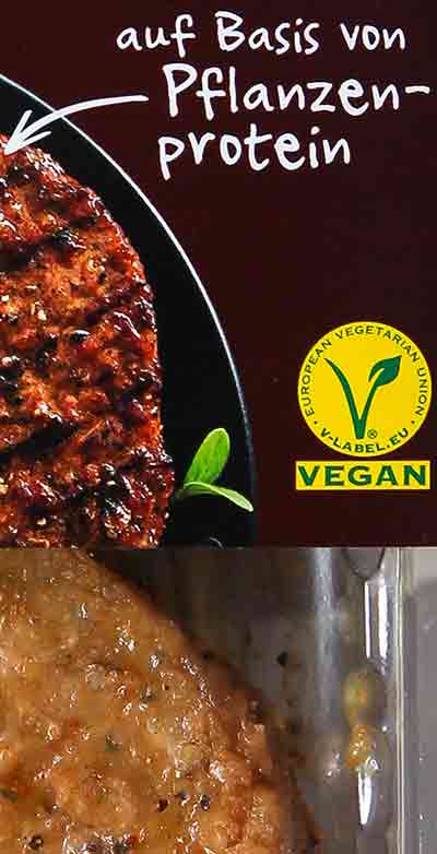 Auf der Packung der veganen Steaks ist ein Vegan Logo. Vegan Zeichen auf der Packung der veganen Steaks von Green Legend