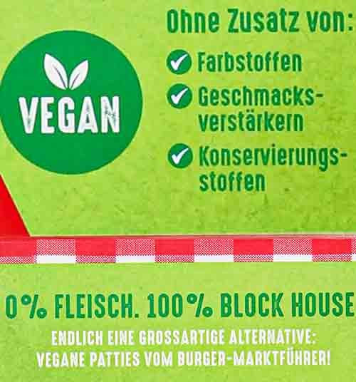 Auf der Packung ist ein Vegan Zeichen. Vegan Zeichen auf der Verpackung der Vegan Burger von Block House