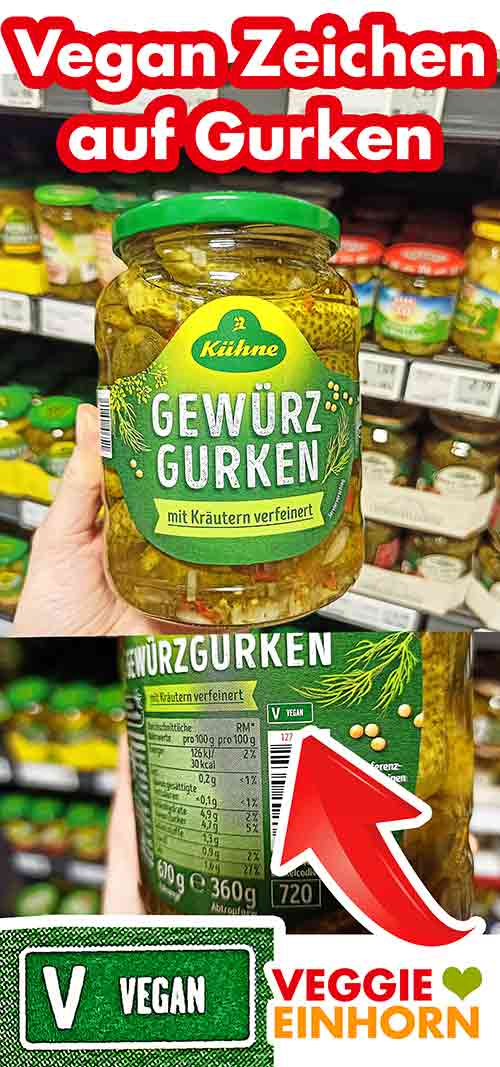 Kühne Gewürzgurken mit Vegan Symbol Ein Glas Gewürzgurken mit Vegan Zeichen