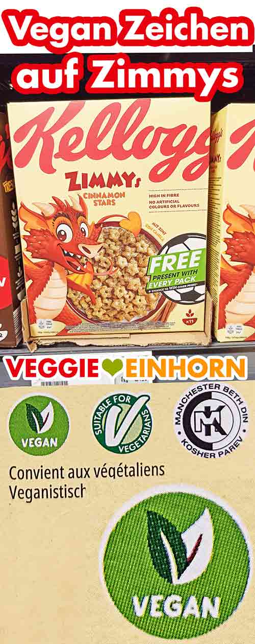 Kellogg's Zimmys Cinnamon Stars mit Vegan Zeichen Eine Packung Kelloggs Zimmys mit Vegan Symbol
