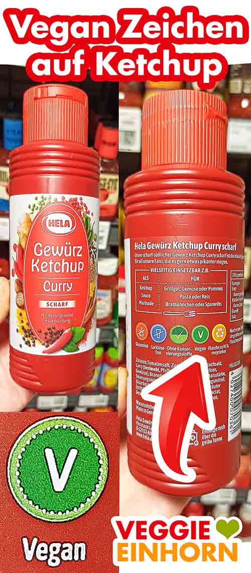 Hela Gewürzketchup mit Vegan Zeichen Eine Flasche Ketchup mit Vegan Symbol