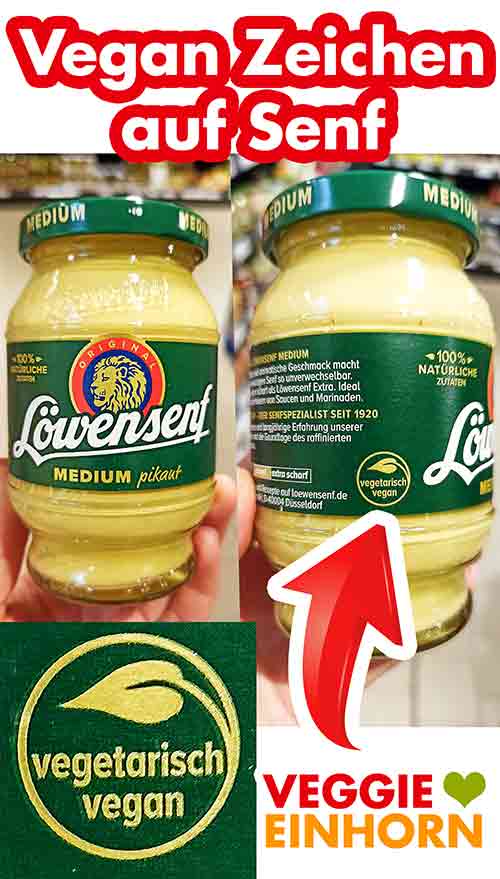 Löwensenf medium mit Vegan Zeichen Ein Glas Senf mit Vegan Symbol