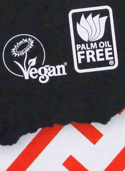 Auf den Vegafit Steaks ist ein Vegan Logo, die Veganblume. Veganblume auf der Packung der Vegafit Steaks