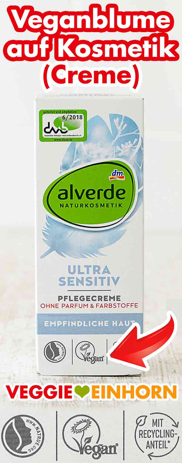 Die Hautcreme trägt das Vegan Logo Veganblume. Veganblume auf einer Packung Creme