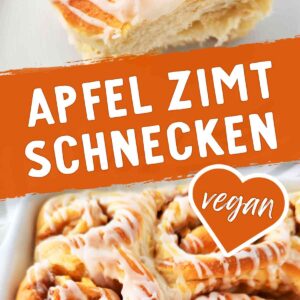 Collage mit einer einzelnen veganen Apfel-Zimt-Schnecke und einer Backform voller Schnecken, darüber der Text „Apfel Zimt Schnecken vegan“.