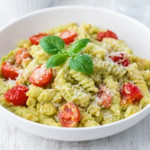 Vegane Avocado Pasta mit Kirschtomaten, bestreut mit veganem Parmesan und dekoriert mit frischem Basilikum.