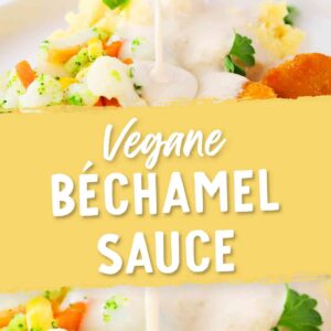 Vegane Béchamelsauce auf Gemüse, Kartoffelpüree und veganen Nuggets.